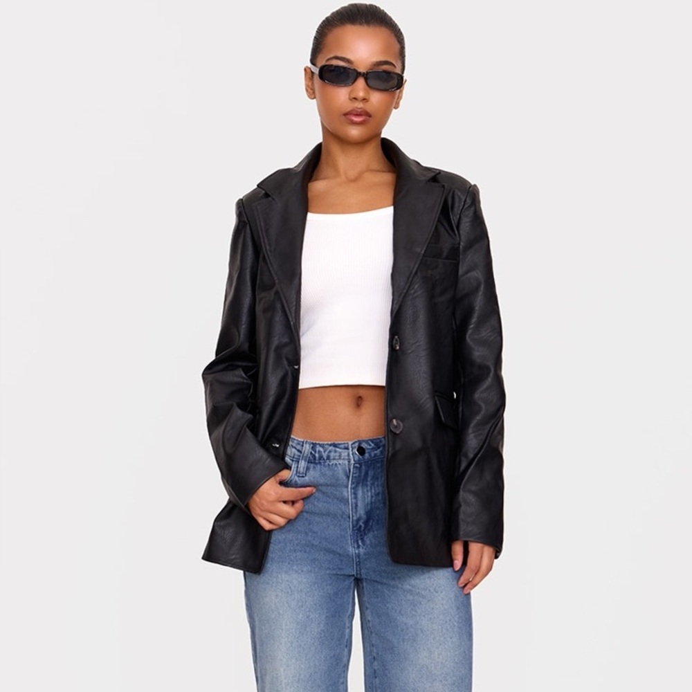 PrettyLittleThing Faux Leather Longline Blazer Coat – Black – Oversized Size 10~